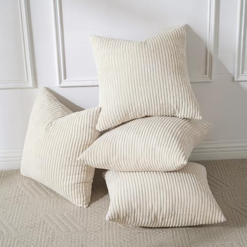 Volcanics Set of 4 Beige Cream Corduroy Decorative Couch Throw Pillow Covers 18x18 Inch, Modern Double-Sided Striped Cushion Cases, Soft Boho Square Accent Pillow Covers, Mix and Match for Home Decor - color: Beige, size: 18" x 18" (Pack of 4)