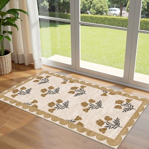 Front Door Mat Indoor Entrance - 2x4.3 Ft Floral Washable Layered Doormat Outdoor Entrance Spring Porch Rug Non-Slip Beige Boho Runner Rug for Kitchen Hallway Bedroom Laundry Room Porch Decor - color: Flower - Beige, size: 2' x 4'3" (Rectangular)