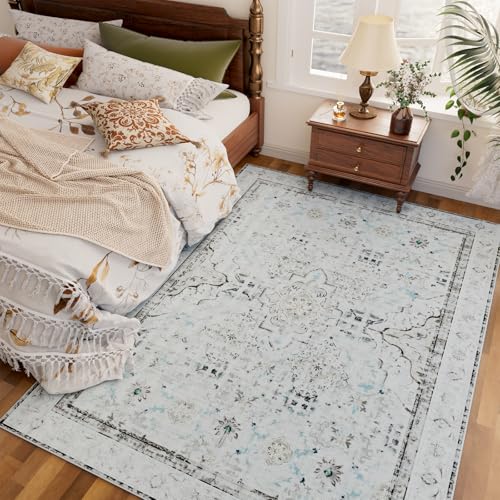 AMTOVO Area Rugs 5'x7' Washable Non-Slip, Vintage Boho Distressed Print Pattern Rugs for Living Room, Soft Low Pile Carpet for Bedroom Indoor Playroom Nursery Farmhouse Dining Room, Light Grey - color: Light Grey, size: 5' x 7' (Rectangular)