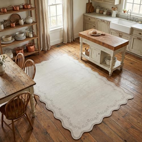 GarveeHome 3x5 Scalloped Washable Area Rug for Bedroom,Soft Solid Beige Entryway Rug Farmhouse Kitchen Mat Non Slip Low Pile Carpet Stain Resistant Throw Rug for Bedside Kids Room Office - color: Beige, size: 3' x 5' (Rectangular)