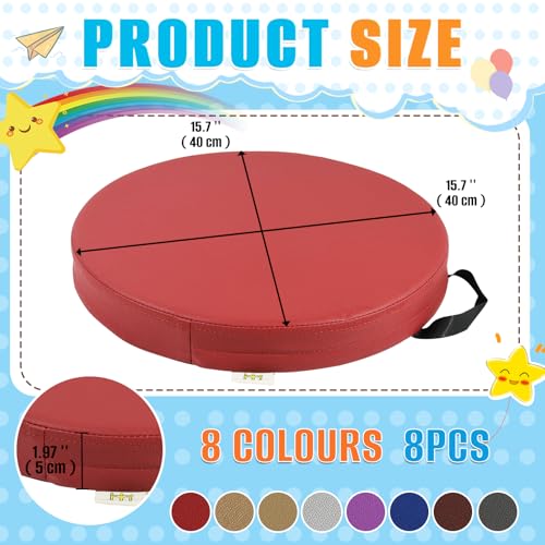 8 PCS 16 Inch Round Floor Pillows with Handles | Waterproof Synthetic Leather Flexible Seating Cushions | 16''x16''x2'' Thick Floor Cushions for Classroom, Home, Yoga & Meditation - color: Red, Yellow, Beige, Light Gray, Purple, Blue, Dark Brown, Black, s