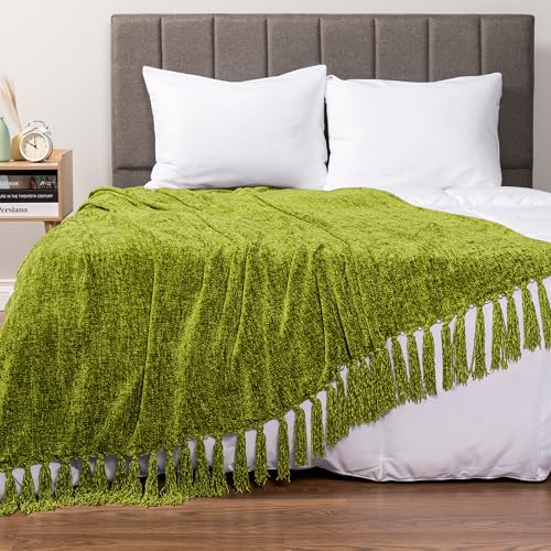 PAVILIA Olive Green Chenille Throw Blanket for Couch Sofa, Soft Olive Knit Throw with Tassel, Decorative Blanket for Bed Chair Living Room, Olive Green 50x60 - color: Olive, size: 50 X 60 Inches - Throw