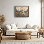 Framed Mountain Landscape Wall Art Boho Floral Sunrise Forest Cava Painting Modern Nature Wilderness Pine Tree Field Poster Rustic Wildflower Scenic Picture Decor for Living Room Bedroom 16x24 Inch - size: 16"L x 24"W