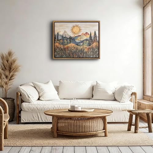 Framed Mountain Landscape Wall Art Boho Floral Sunrise Forest Cava Painting Modern Nature Wilderness Pine Tree Field Poster Rustic Wildflower Scenic Picture Decor for Living Room Bedroom 16x24 Inch - size: 16"L x 24"W