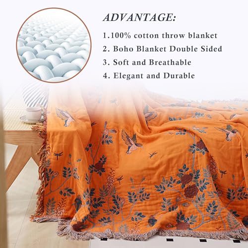 Snycler Boho Throw Blanket for Bed, 100% Organic Cotton Muslin Soft Throw-Floral Bird Farmhouse Rustic Spring Summer Fall Decor Blanket for Couch Sofa Quilt and Gift, 60" x 80" Orange - color: Orange Floral Bird, size: 60"x80"