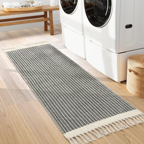 Lahome Belle Boho Hallway Runner Rug, 2x6 Laundry Room Lightweight Entry Bathroom Woven Cotton Throw Mat with Tassels, Farmhouse Non Shedding Washable Grey Rug Low Pile Runner for Kitchen - color: Grey, size: 2' x 6' (Runner)