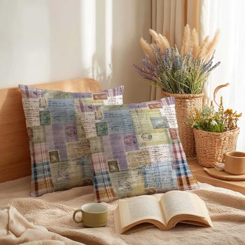 Vintage Postmark Throw Pillow Covers 18x18 Set of 2 | Retro Patchwork Cushion Cases for Couch Sofa Bed | Rustic Cottage Decorative Pillow Covers for Living Room Bedroom - color: Vintage Postmark