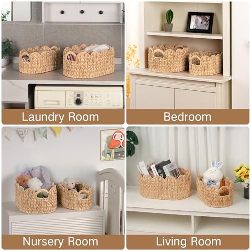 iEGrow Scalloped Wicker Basket, Set of 2 Hand-Woven Natural Rattan Baskets with Built-in Handles, Water Hyacinth Storage Oval Cute Baby Baskets for Nursery, Organizing, Decor and Shelves - size: Oval