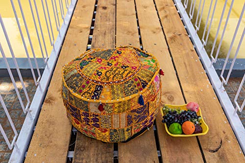 THE ART BOX Cotton Patchwork Vintage Pouf Covers (14x22 Inches, Cover Only) Boho Embroidered Bean Bag Seating Ottoman Kids Stool Decorative Chair Bohomian Home Décor - color: Yellow, size: 22"D x 22"W x 14"H