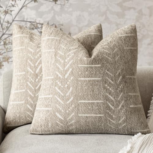 Home Décor Decorative Boho Accent Chenille Throw Pillow Covers, Textured Neutral Cushion Covers, Soft Farmhouse Pillowcase for Couch Sofa Chair Bed Living Room, 18×18 Inch, Set of 2, Beige - color: Beige, size: 18" x 18" (Pack of 2)