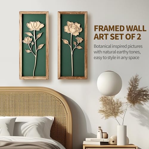 3D Floral Green Wall Art, Wood Boho Framed Wall Arts for Bathroom, Bedroom, Living Room, Dinning Room or Office, Lightweight Green Farmhouse Decor Gift - Set of 2