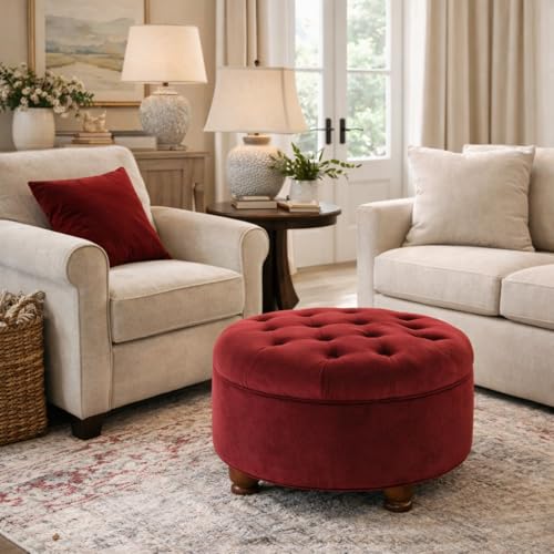 Homepop Home Decor |N8264-B119 | Large Button Tufted Velvet Round Storage Ottoman | Ottoman with Storage for Living Room & Bedroom, Berry - color: Berry