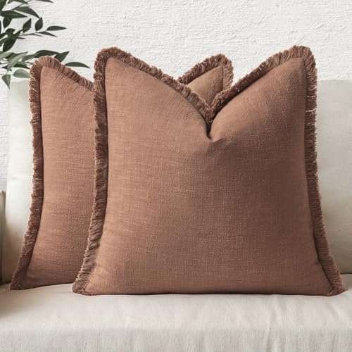 MIULEE Decorative Throw Pillow Covers Neutral Linen Fringe Throw Pillows Set of 2 Brick Boho Farmhouse Cushion Covers with Tassels for Couch Sofa Bed Living Room Spring Home Decor 18x18 Inch - color: Brick, size: 18" x 18" (Pack of 2)