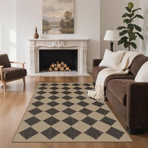 GENIMO Indoor Outdoor Area Rug 5'x8', Checkered Easy Jute Rug Machine Washable, Easy-Cleaning, Non Slip Geometric Outdoor Carpet for Patio, Living Room, Backyard, Porch, Deck, Balcony - color: Zigzag Diamond, size: 5' x 8' (Rectangular)