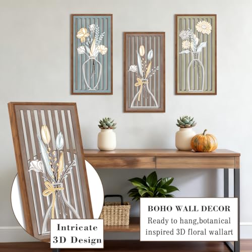 BINCUE 3 Pcs Boho Flower Wall Decor,Modern Floral Wall Art Botanical,Bohemian Floral Hanging Decor Abstract Minimalist Wildflower Wooden Art for Living Room Bedroom Office 7.9 x15.8 Inch - color: Colourful Flower A
