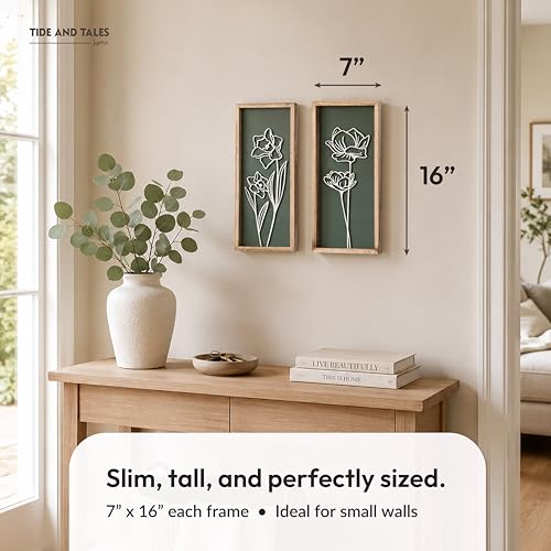 3D Floral Green Wall Art (Set of 2) Lightweight, Wooden Ready-to-Hang Boho Framed Wall Art for Bathroom, Bedroom, Living Room or Office – Premium Sage Green Farmhouse Decor – Gift-Boxed - color: Green, size: 7" x 16"