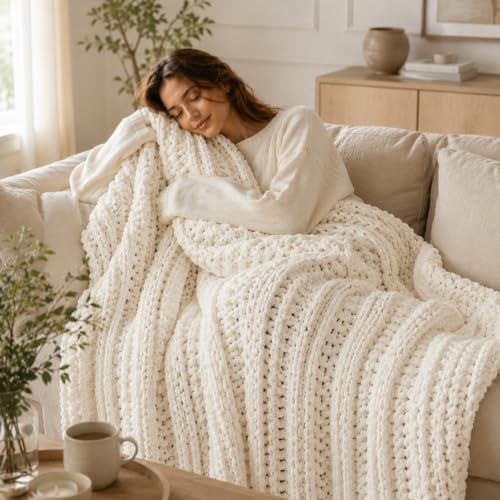 Battilo Chunky Knit Throw Blanket for Couch, Hand Made Chenille Throw Blanket, Super Soft Warm Cozy Cream White Blanket for Bed, Sofa, Living Room, 50"x60" - color: Cream White