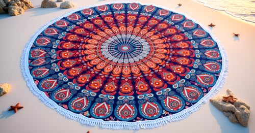 Mandala Round Beach Tapestry Boho Hippie Blanket Bohemian Large Table Cloth Home Decor Yoga Mat Meditation Picnic Rug Throw Hippy Gypsy Tablecloth Roundie (42 Inches, Orange And Blue) - color: Orange And Blue, size: 42"L x 42"W