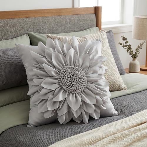 Bella's Giftshop 3D Sunflower Decorative Throw Pillow Covers for Bed Sofa Couch Chair, Accent Floral Taffeta Cushion Cover, Handmade Pillow Cases Living Room Decor, 17x17 Inch-Silver Gray - color: Gray