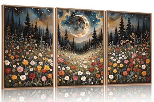 HPINUB Wildflower Moon Pine Tree Framed Canvas Wall Art Set,Nature Forest Wall Decor,Mystical Starry Night Artwork Rustic Mountain Landscape Art Print for Living Room,Bedroom,Office-24 x36 x3 - color: Wildflower Moon Wall Art, size: 24''L x 36''W
