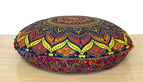 CRAFT KALA 32 Inch Meditation Floor Pillow Cover Round Pillow Seating Hippie Decorative Adults Bohemian Mandala Cushion Cover Outdoor Living Room Throw Ottoman Poufs Cover (New Blue Ombre) - color: New Blue Ombre