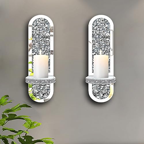 ZOLAPI Set of 2 Crystal Crush Diamond Candle Sconces, Gorgeous Silver Mirrored Wall Sconce,Oval Candle Holder Glass Wall Decorations for Home Décor, Living Room, Dining Room. - color: Silver Mirror ②