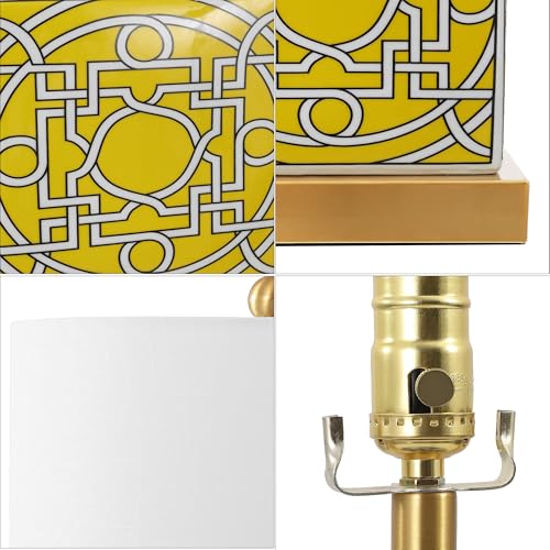 JONATHAN Y 22" Yellow/White Modern Ceramic Ginger Jar Table Lamp for Nightstand, Square Lattice Transitional Chinoiserie Lamp for Living Room, White Linen Shade, LED Bulb (JYL3044C) - color: Yellow/White