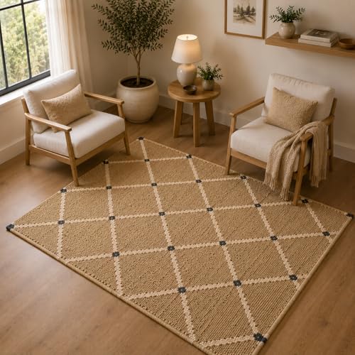 Hand Woven Jute Rug 4'x6' Area Rug - Rectangular Handcrafted Premium Geometric Design, Indoor Reversible Natural Fiber Rugs - Rustic Farmhouse Carpet for Living Room, Hallway, Bedroom - Natural - size: 4' x 6' (﻿Rectangular)