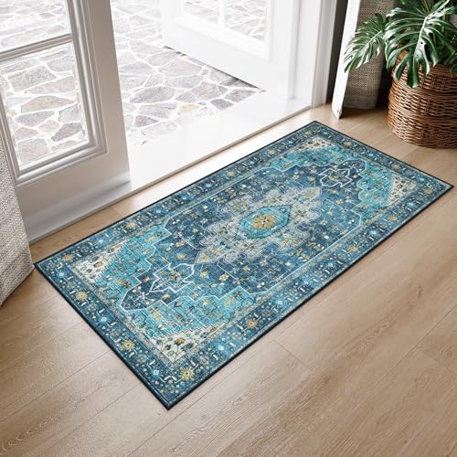 Moynesa 2x4 Teal Vintage Floral Medallion Runner Rug - Machine Washable, Non-Slip, Low Pile, Indoor Use Only - color: Teal, size: 2' x 4'
