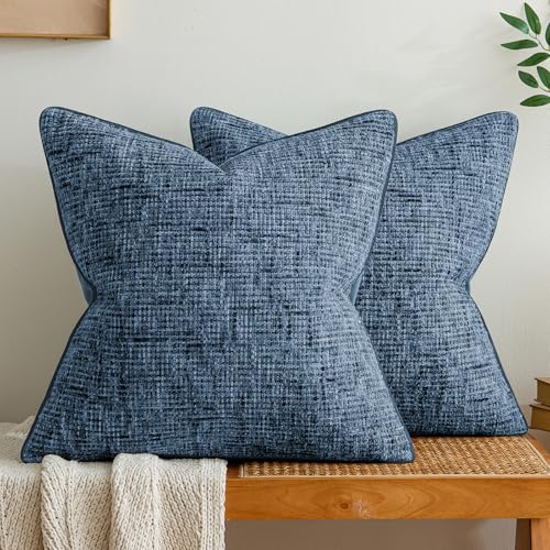 a moment Blue Reversible Pillow Covers 2 Pack - Farmhouse Chenille Throw Pillows, Neutral Textured Decorative Throw Pillow Covers with Border for Couch Sofa Bed (18x18 Inch, No Insert) - color: Blue, size: 18" x 18" (Pack of 2)