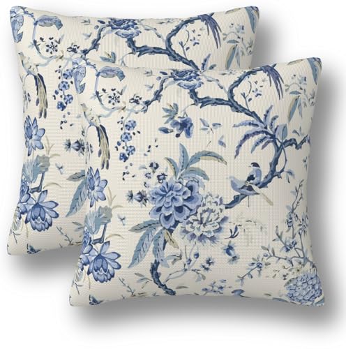 Chinoiserie Pillow Covers 18 x 18 Set of 2 Birds Floral Linen Throw Pillow Cover Vintage White and Blue Farmhouse Decorative Pillowcases for Living Room Couch Bed Sofa Outdoor - color: Chinoiserie Bird, size: 18" x 18" (Pack of 2)