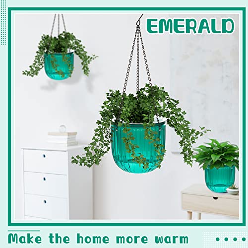 Meanplan 4 Pcs Self Watering Hanging Planter Indoor 6.5 Inch Hanging Baskets for Plants Outdoor Plastic Flower Pot with 3 Hooks Chains Drainage Holes for Garden Home, Medium Size(Emerald) - color: Emerald