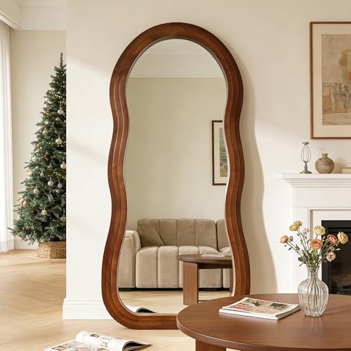 Wavy Full Length Mirror, 67"x31.5" Organic Floor Mirror with Triple-Layer Solid Wood Frame, Large Irregular Aesthetic Mirrors for Entryway Hallway Living Room, Leaning/Wall-Mounted - color: Walnut Wavy Frame, size: 67"L x 31.5"W