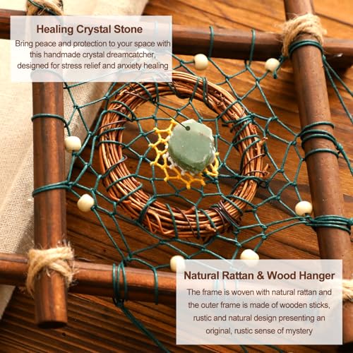 Dream Catcher Native American Boho Dreamcatcher Rattan Wood Wall Decor, Handmade Natural Dream Catchers with Healing Crystal Stone Feathers Ornament Indian Decor for Bedroom Living Room - color: Brown Green Mix