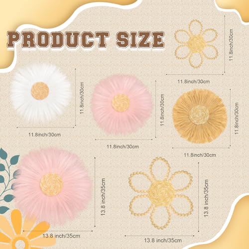 Soaoo 6 Pcs Boho Nursery Decor for Girl Daisy Flower Woven Macrame Wall Hanging Bohemian Nursery Wall Decor Flowers for Baby Girls Kids Dorm(Pink, White, Beige)