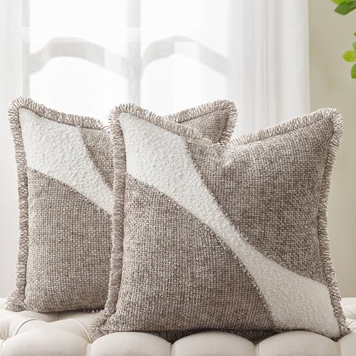 Decorative Boucle Fringe Throw Pillow Covers Set of 2, 18x18 Inch Design Couch Throw Pillows for Sofa Bed Living Room Decor (Khaki, 18"X18" (Pack of 2)) - color: Khaki