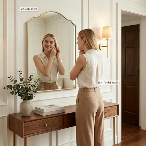 Besdomus Scalloped Gold Mirror for Bathroom: 24"x36" Minimalist Modern Arched Mirror - Wooden Frame Wall for Vanity/Bedroom/Mantle/Entryway/Fireplace/Hallway - Idea for Housewife - color: Gold Leaf, size: 36"L x 24"W