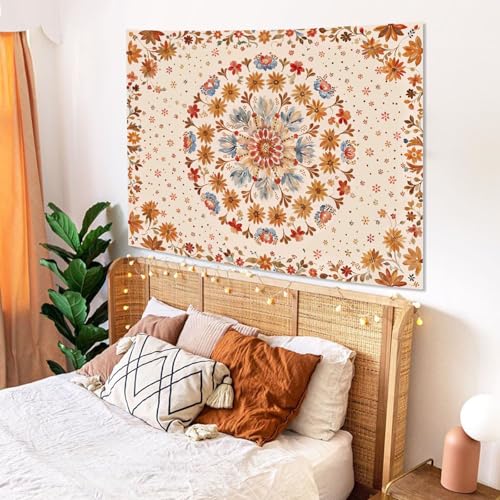 Fowocu Boho Floral Mandala Tapestry Wall Hanging Watercolor Bohemian Flower Medallion Tapestry Aesthetic Beige Orange Hippie Indian Small Tapestries for Bedroom Living Room Dorm Decor 40 x 30 Inch - color: Beige Orange, size: 40"L x 30"W