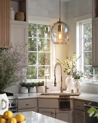 CASAMOTION Glass Pendant Light Gold and Clear Organic Globe Ceiling Hanging Fixtures Modern Industrial Ambient Lighting Over Kitchen Island Sink Bar Counter Porch Small Medium Lamp 8 Inch H - color: Clear+Gold 8"H-1 Pack