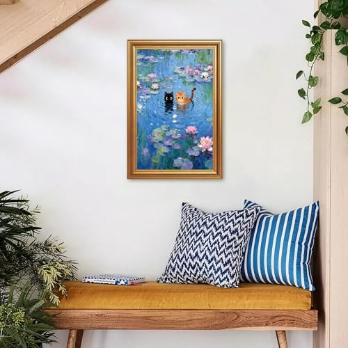 ICHZUMW Gold Framed Funny Cat Canvas Wall Art, Monet Style Water Lily Painting with Black and Orange Cats, Whimsical Animal Wall Decor, Ready to Hang for Bedroom Living Room Bathroom, 12x16in - color: Monet’s Garden Cats, size: 16"L x 12"W