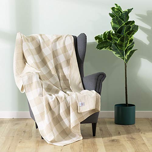 Cotton Muslin Throw Blanket with Buffalo Check Pattern, Vintage Indoor and Outdoor Use, Reversible and Breathable Fabric for Yard Picnics, Queen Size 90" x 94", Bedding or Chair Cover, Khaki - color: Root={'value': "['Khaki']"}, size: \'Queen (90" x 94")\
