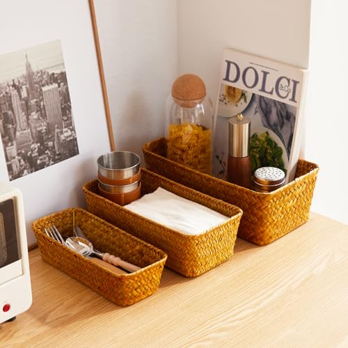 Seagrass Storage Basket, Stackable Open Woven Baskets Bins Container for Organizing Shelves Bedroom Living Room, Set of 3, Natural - size: 3pcs Medium