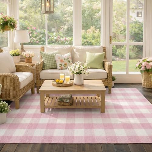 Spring Pink and White Plaid Rug, 3' x 5' Cotton Blend Layered Doormat Rug for Front Door, Hand-Woven Washable Entryway & Porch Decor - color: Light Pink and White, size: 3' x 5'