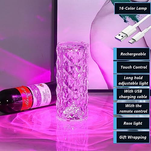 Portable Crystal Table Lamp,16 Color Touch Control Rechargeable Lamp,Crystal Bedside Lamp,Night Light,Room Decor Desk Lamp,Bedroom,Living Room,Kitchen,Dining Room Lamp (16-Color Rose) - color: 16-Color Rose