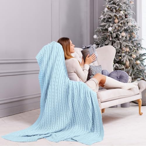 uxcell Cotton Cable Knit Throw Blanket Soft Throw Couch Covers Decors Knitted Blankets for Sofa Bed, Light Blue Throw(47" x 70") - color: Light Blue, size: Throw (47" *78")