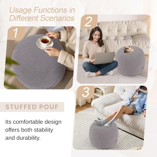 MeMoreCool Stuffed Round Pouf Ottoman Foot Rest, Floor Pouf Foot Stool with Soft Foam Chunk Filling, Small Round Ottoman Footstool Circle Footrest for Living Room, Light Grey - color: Teddy Grey