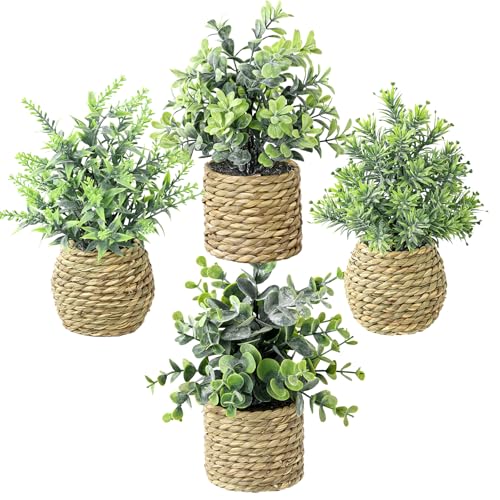 Small Fake Potted Plants: 9 Inches Artificial Plants with Seagrass Handwoven Planters, Indoor Farmhouse Decorations, Eucalyptus Plant for Home Bathroom Office Shelf Tabletop Desk Room Decor