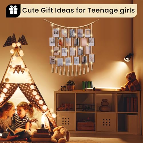 Macrame Hanging Photo Display Boho Wall Decor with String Lights Wooden Beads Garland Picture Frame Collage Holder with 45 Clips for Room, Bedroom, Dorm, Christmas Teenage Teen Girl Gifts (Beige, Large) - size: Large