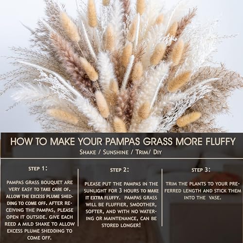 150pcs Pampas Grass + 1 White Ceramic vase + 1 Wood Bead Garland , Boho Home Decor Bouquet Phragmites Dried Flowers Bouquet for Wedding Floral Arrangements Home Decorations - size: 150 Pcs