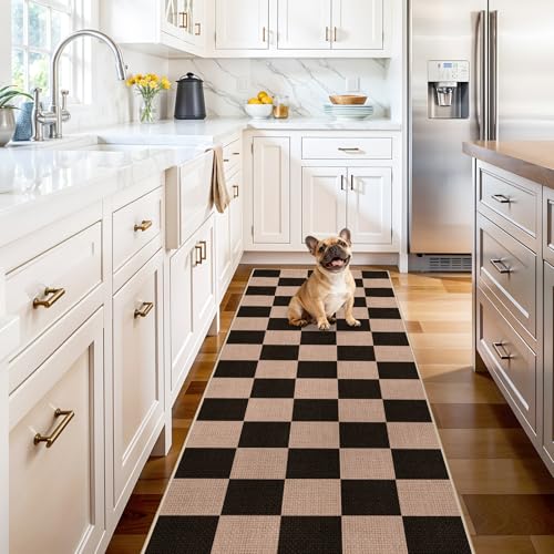 2x6 Jute Woven Runner Rug: Non-Slip Backing Diamond Pattern - Easy Clean Carpet for Hallway Kitchen - Washable Thin Indoor Rugs for High Traffic Areas Farmhouse Home Decor (Black，2x6) - color: Black, size: 2' x 6' (Rectangular)